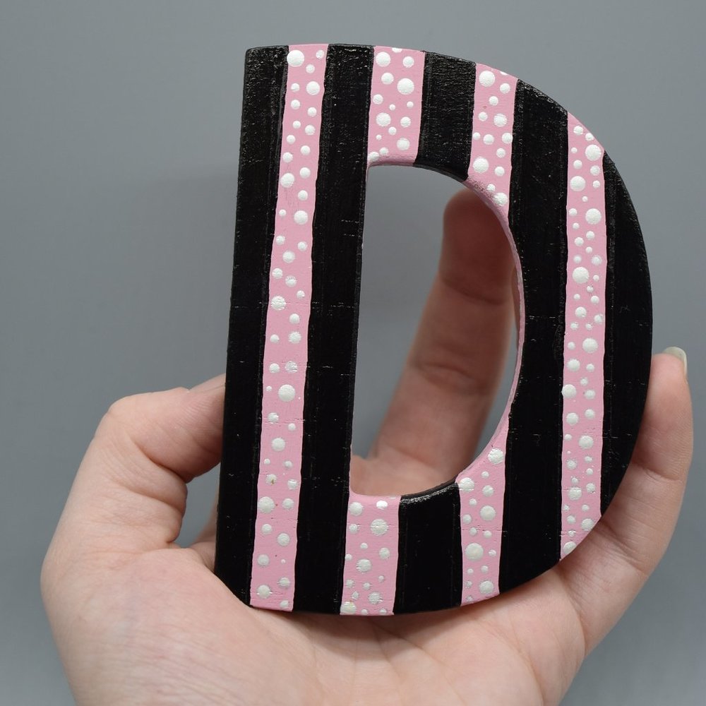HAND CRAFTED Wood Magenet Letter D Hand Painted Pink With Black Stripes